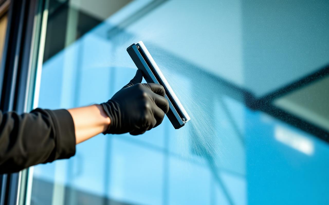 Profi-Glasreiniger zieht Abzieher über eine große Glasfassade