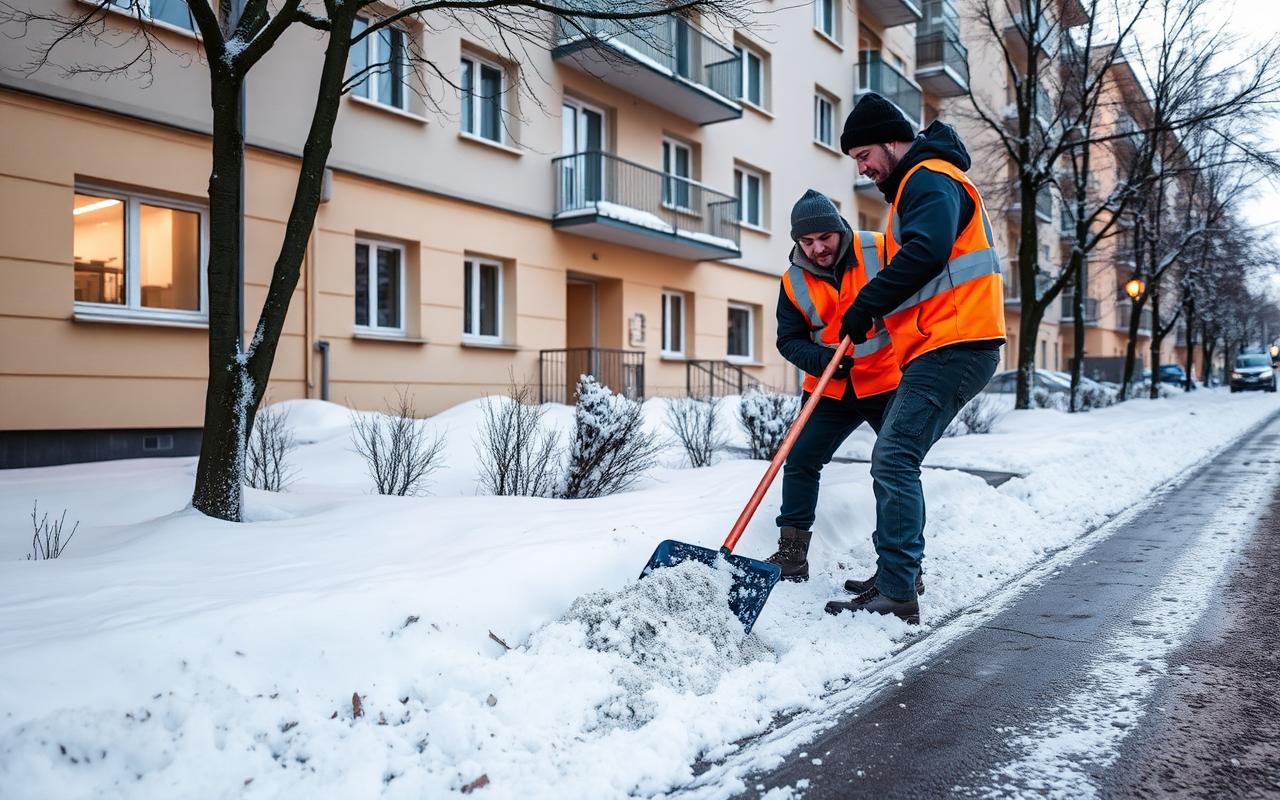 Winterdienst-Mitarbeiter räumt Schnee vor einem Wohnhaus